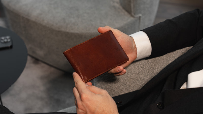 Von Baer Tallinn luxury leather travel organizer, large passport wallet for men, brown color, slider view.