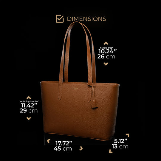 Von Baer Elegance luxury leather tote bag half turned view with dimensions