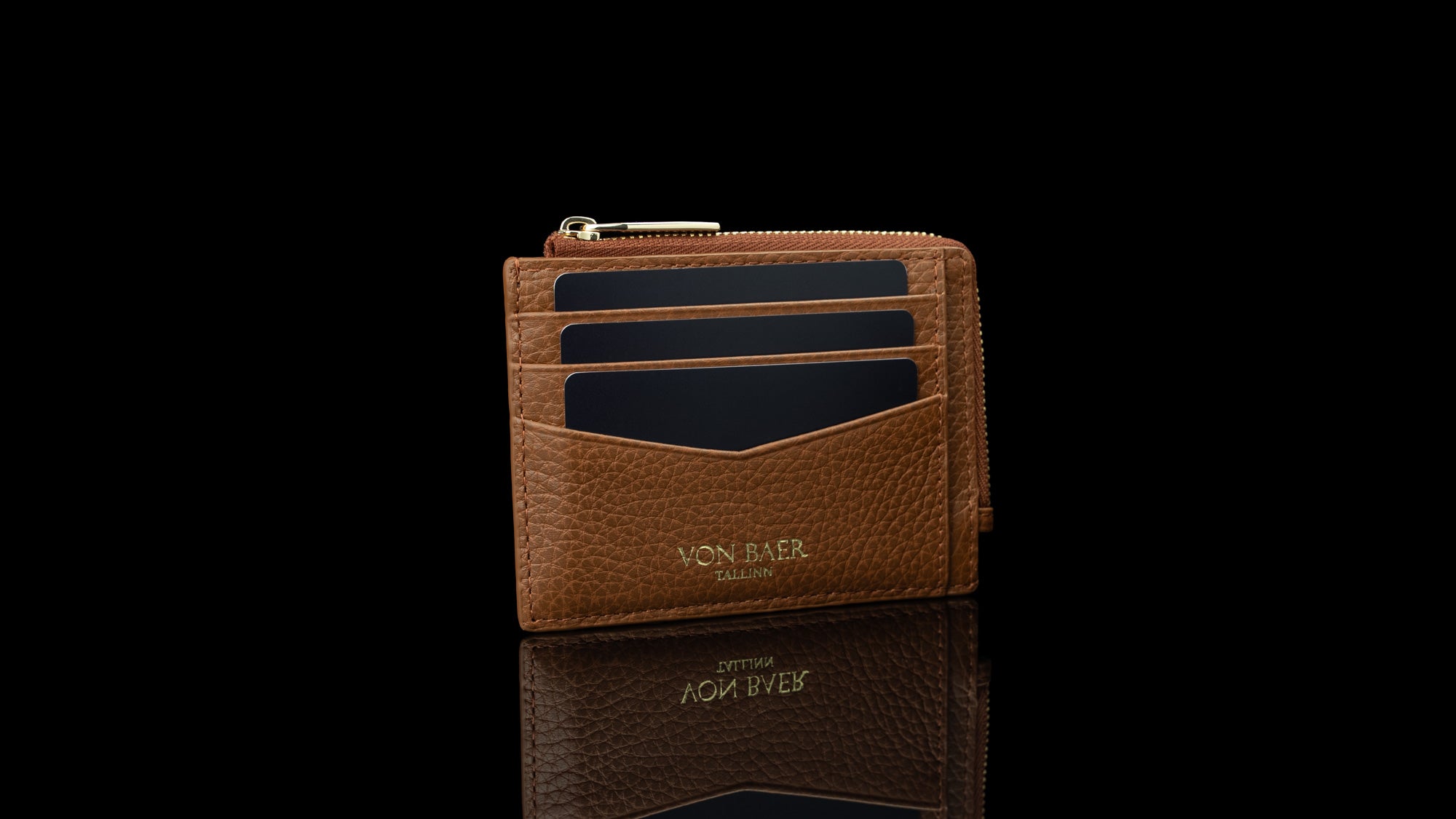 Von Baer W5 RFID slim zipped leather card holder with coin pocket and cards inside, slider presentation