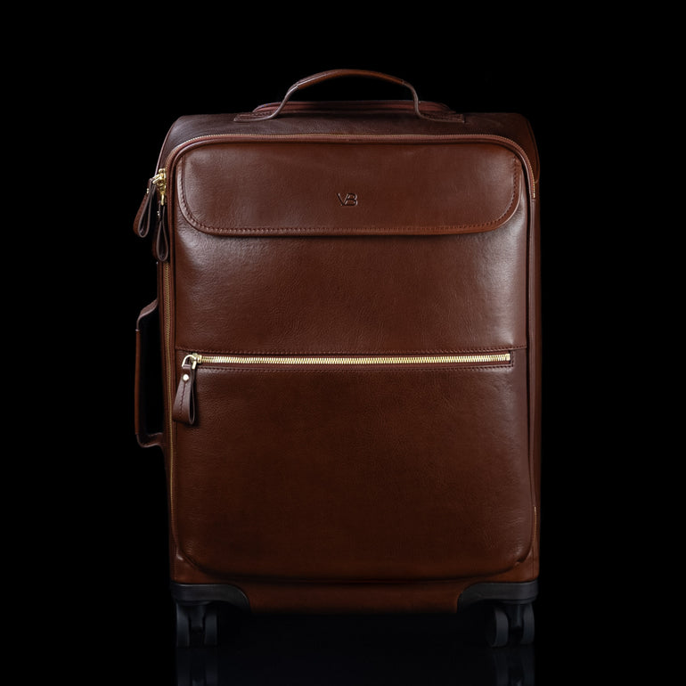 Von Baer Voyager luxury brown leather carry-on trolley bag for travel front view