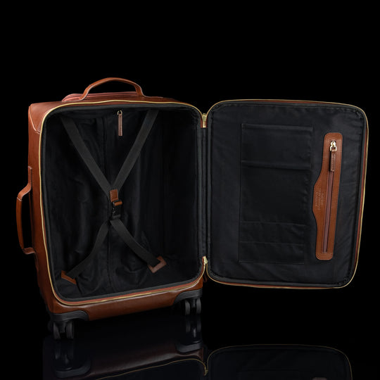 Von Baer Voyager luxury brown leather carry-on trolley bag for travel showing inner space