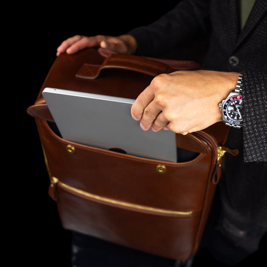 Von Baer Voyager luxury brown leather carry-on trolley bag for travel with laptop compartment for MacBook
