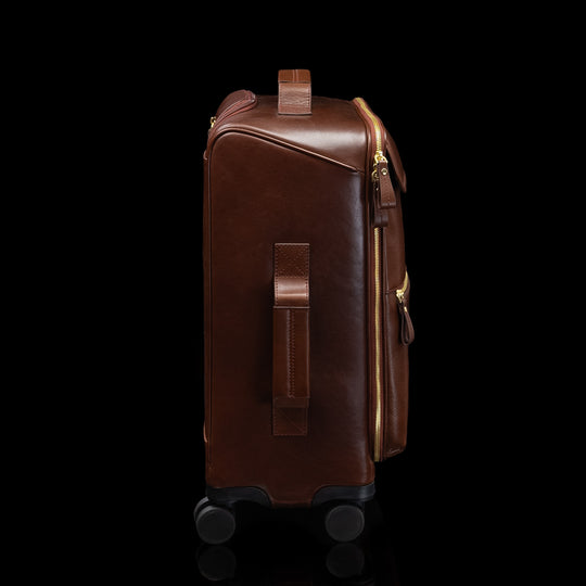 Von Baer Voyager luxury brown leather carry-on trolley bag for travel side view