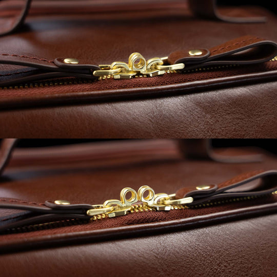 Von Baer Voyager luxury leather carry-on trolley bag for travel close-up of main compartment zipper compatible with locker lock