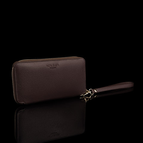 Von Baer W2 large leather women's wristlet purse wallet - brown.