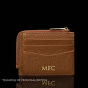 Von Baer W5 RFID slim luxury leather zip card case back view with embossed gold initials, personalization example