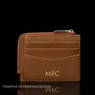 Von Baer W5 RFID slim luxury leather zip card case back view with embossed gold initials, personalization example