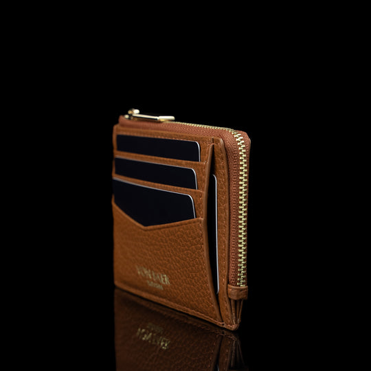 Von Baer W5 RFID slim zipped leather card holder with coin pocket and cards inside, side view