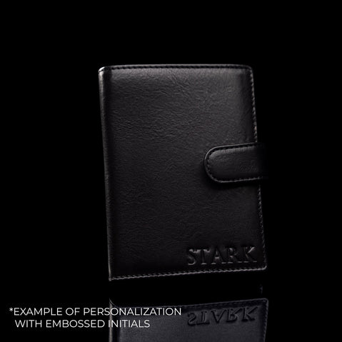 Von Baer Washington personalizable leather wallet in black, featuring embossed initials example: STARK.