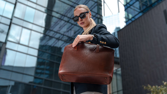 von baer elegance womens large leather tote bag brown on female model business style slider