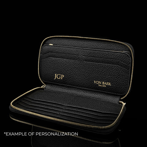 Von Baer W2 luxury large men’s leather wallet with personalized embossed initials, example of customization.