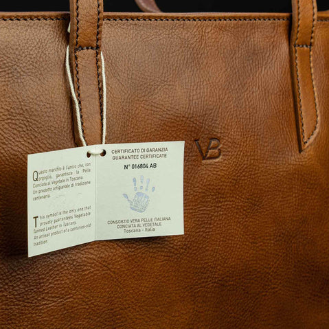 elegance leather tote bag tan close up with italian certificate