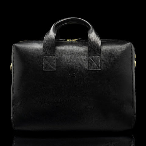 essential modern briefcase full grain leather black fron view