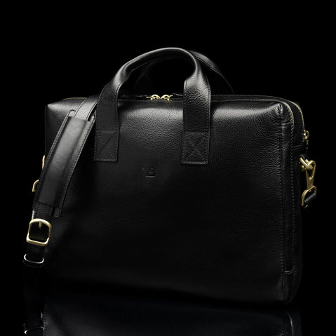 Essential modern briefcase full grain leather black side view