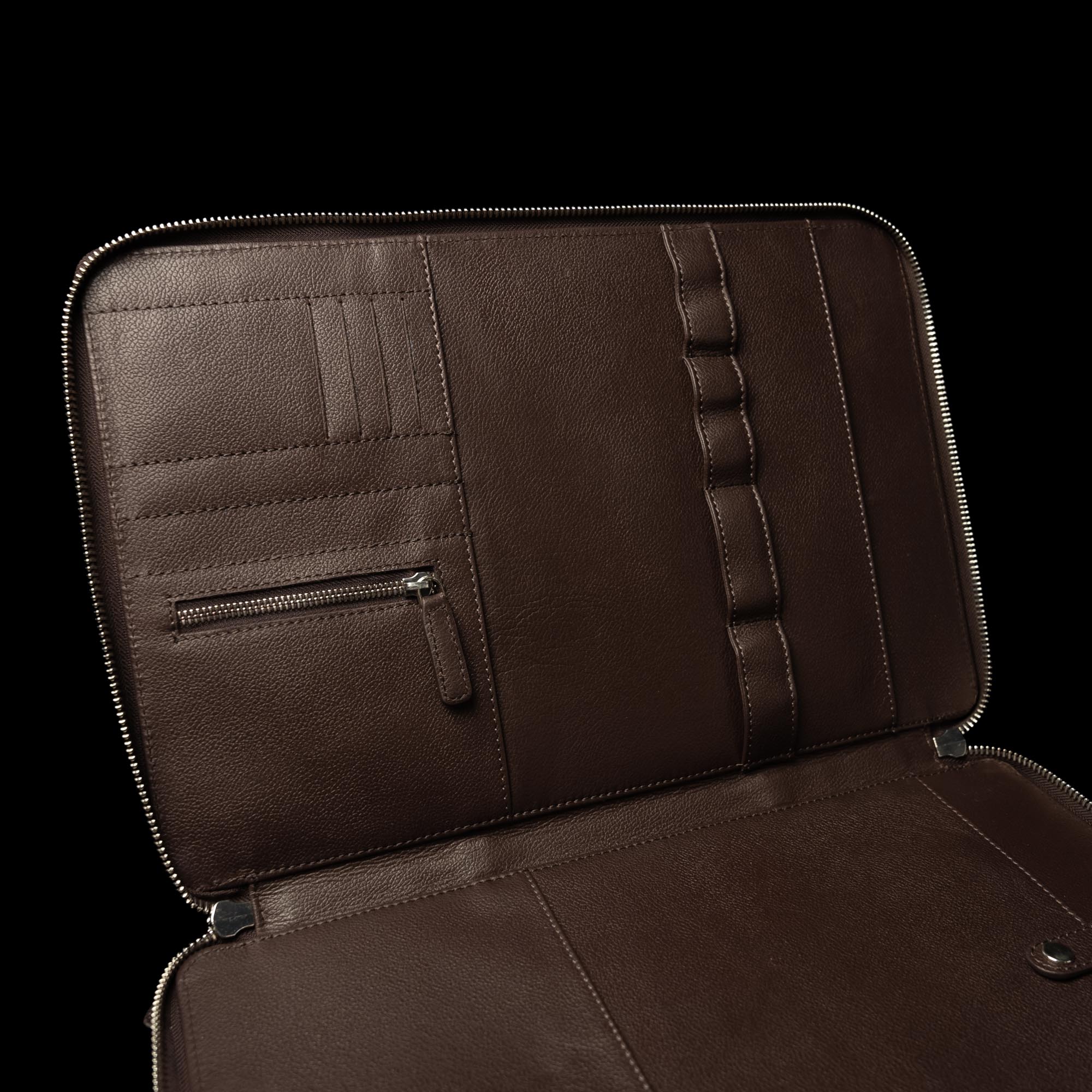 Well Organized Leather Laptop Macbook Case brown opened