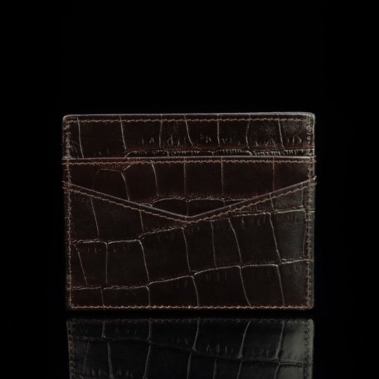 cards and cash leather card holder solid brown croco print front and back