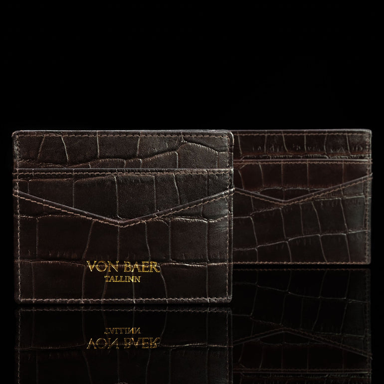 cards and cash leather card holder solid brown croco print front and back