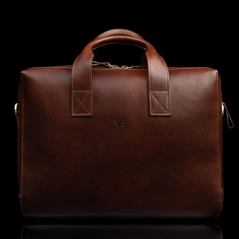 Essential modern briefcase full grain leather brown front view