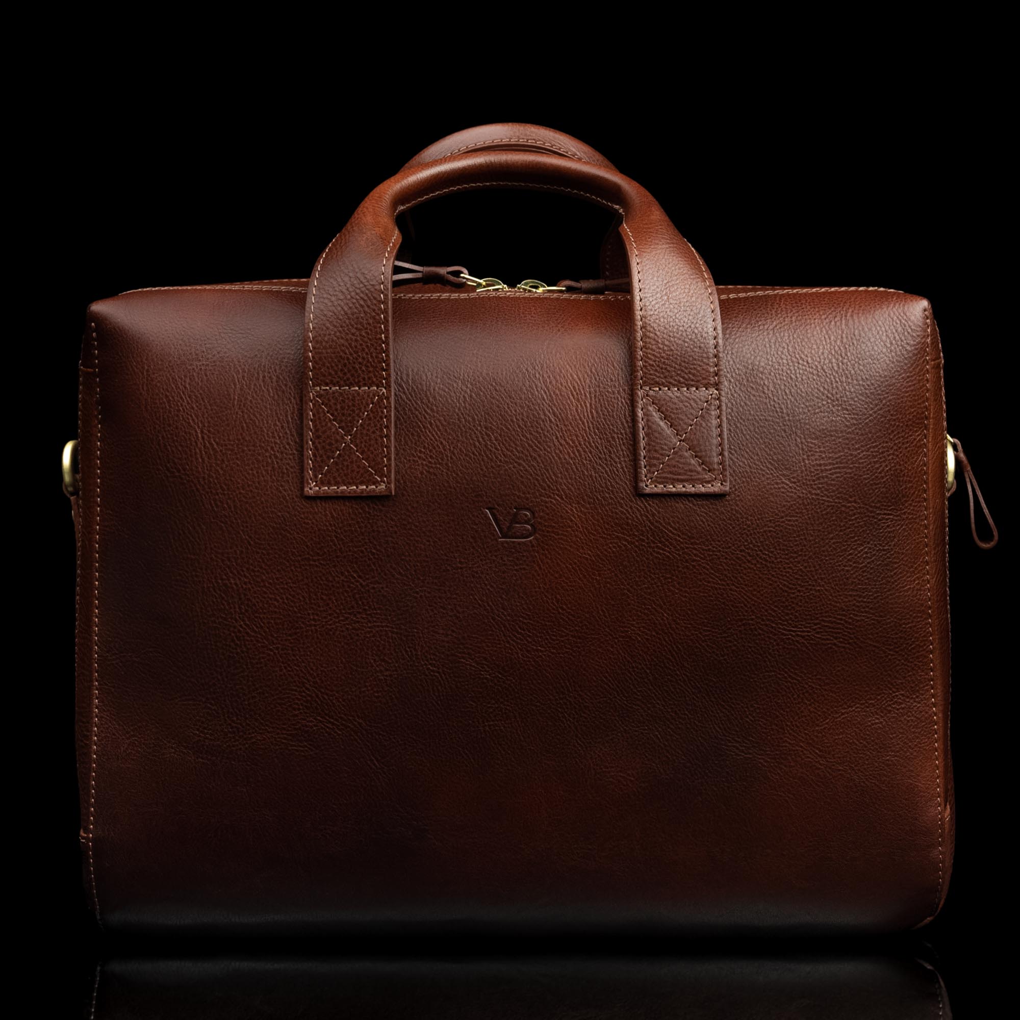 Essential modern briefcase full grain leather brown front view