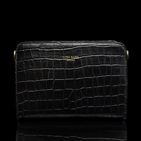 von baer model 1 ladies small leather handbag black croc print front view