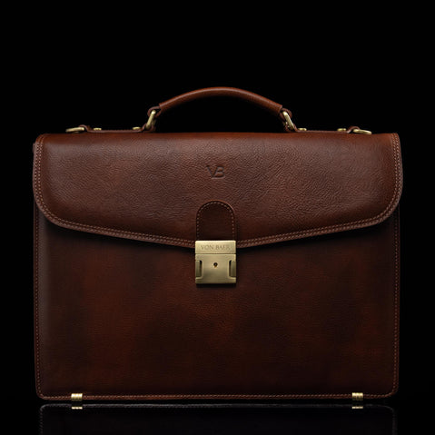 front view of brown colored briefcase