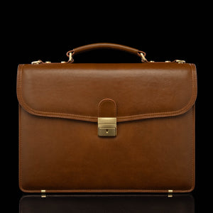 front view of tan colored briefcase