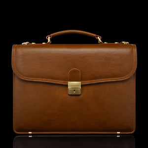 front view of tan colored briefcase