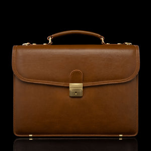 front view of tan colored briefcase