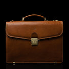 front view of tan colored briefcase
