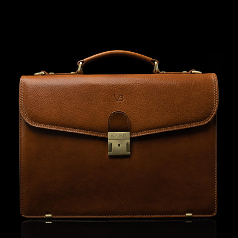 front view of tan colored briefcase