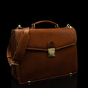 front side view of tan colored briefcase