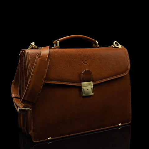 front side view of tan colored briefcase