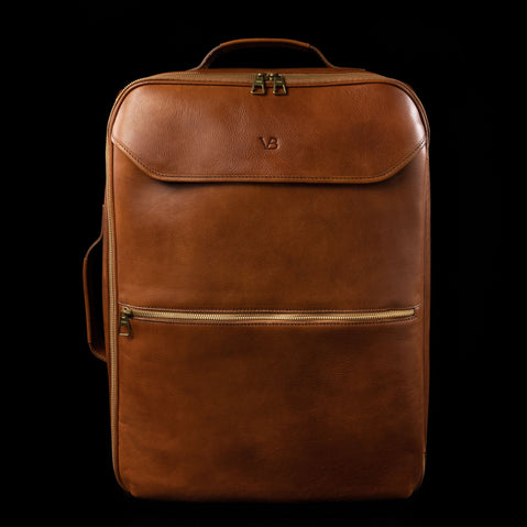 voyager leather carry on bag with wheels clasic tan front view for men